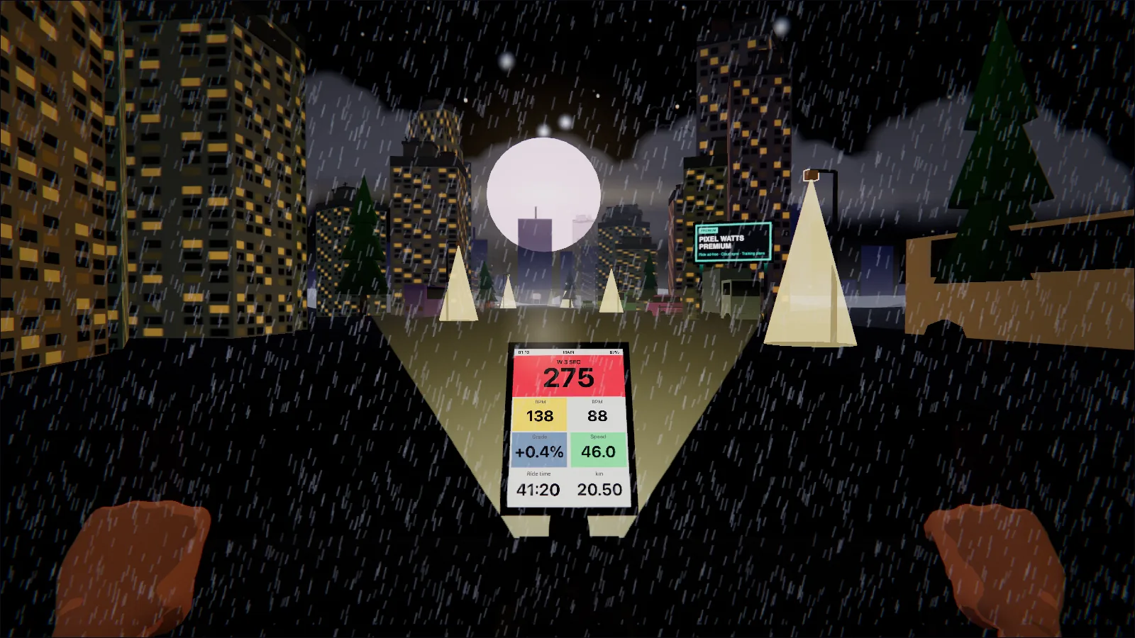 Big city at night in the rain: wet tarmac mirrors the light, lit windows, lamp cones in the downpour.