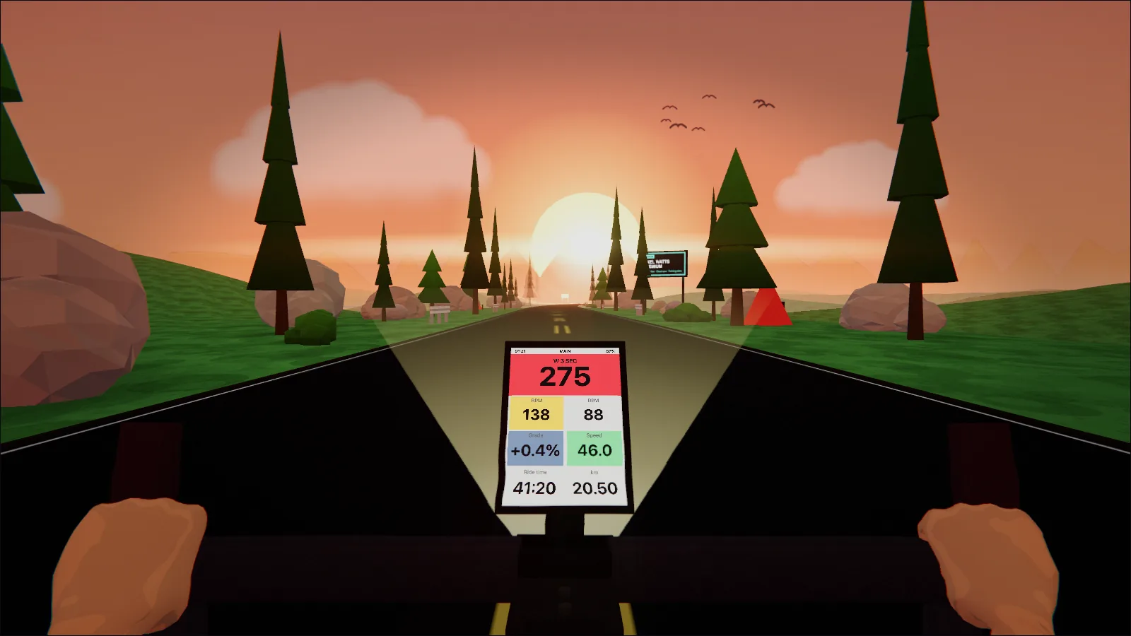 Mountain road at sunset: pines on green hills, the sun low in the road's vanishing point, pink sky.