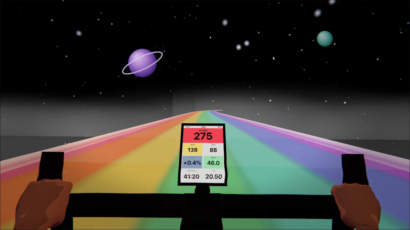 Rainbow road through space: the surface glows in every colour, a purple ringed planet and stars in a black sky.