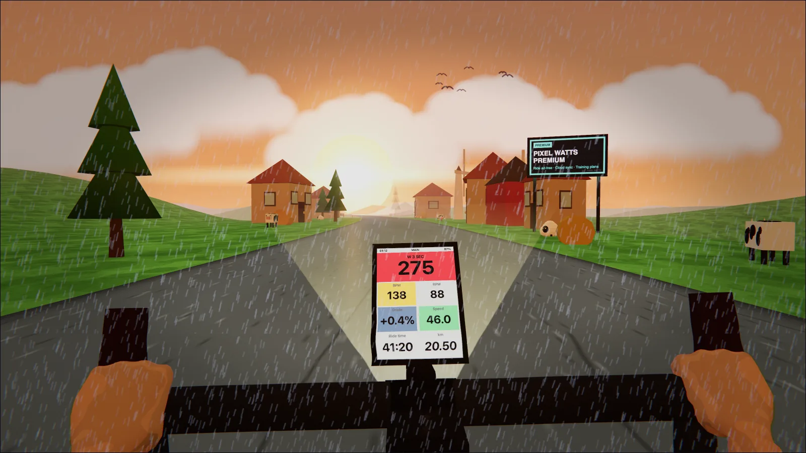 Country road in a thunderstorm at sunset: dense sheets of rain against an orange sky.